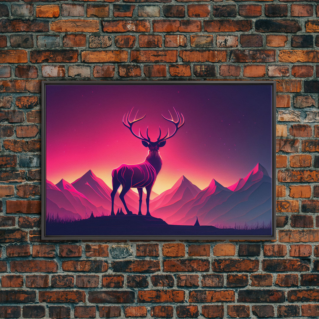 Beautiful stag and sunset, synthwave landscape art, framed canvas print, nature print, pastel and pink art