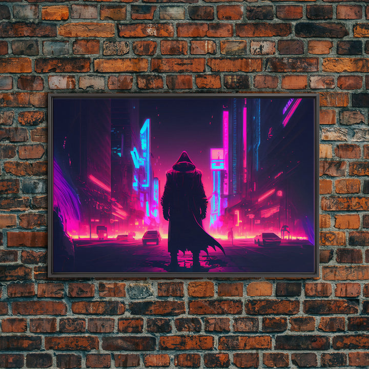 Cyberpunk City, Neon synthwave dystopian art, framed canvas print