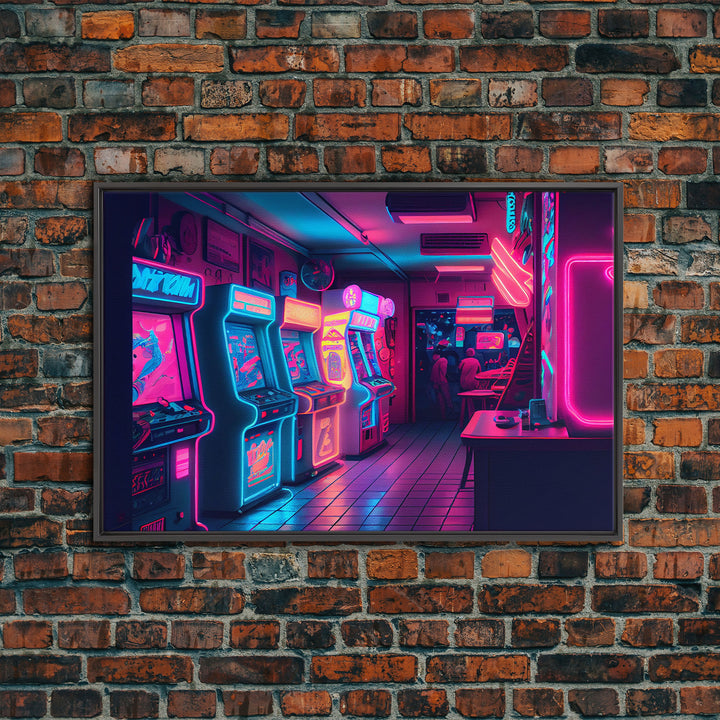 Neon Arcade, unique game room art, Retrowave arcade machine art, framed canvas print, framed wall art | Wall Art