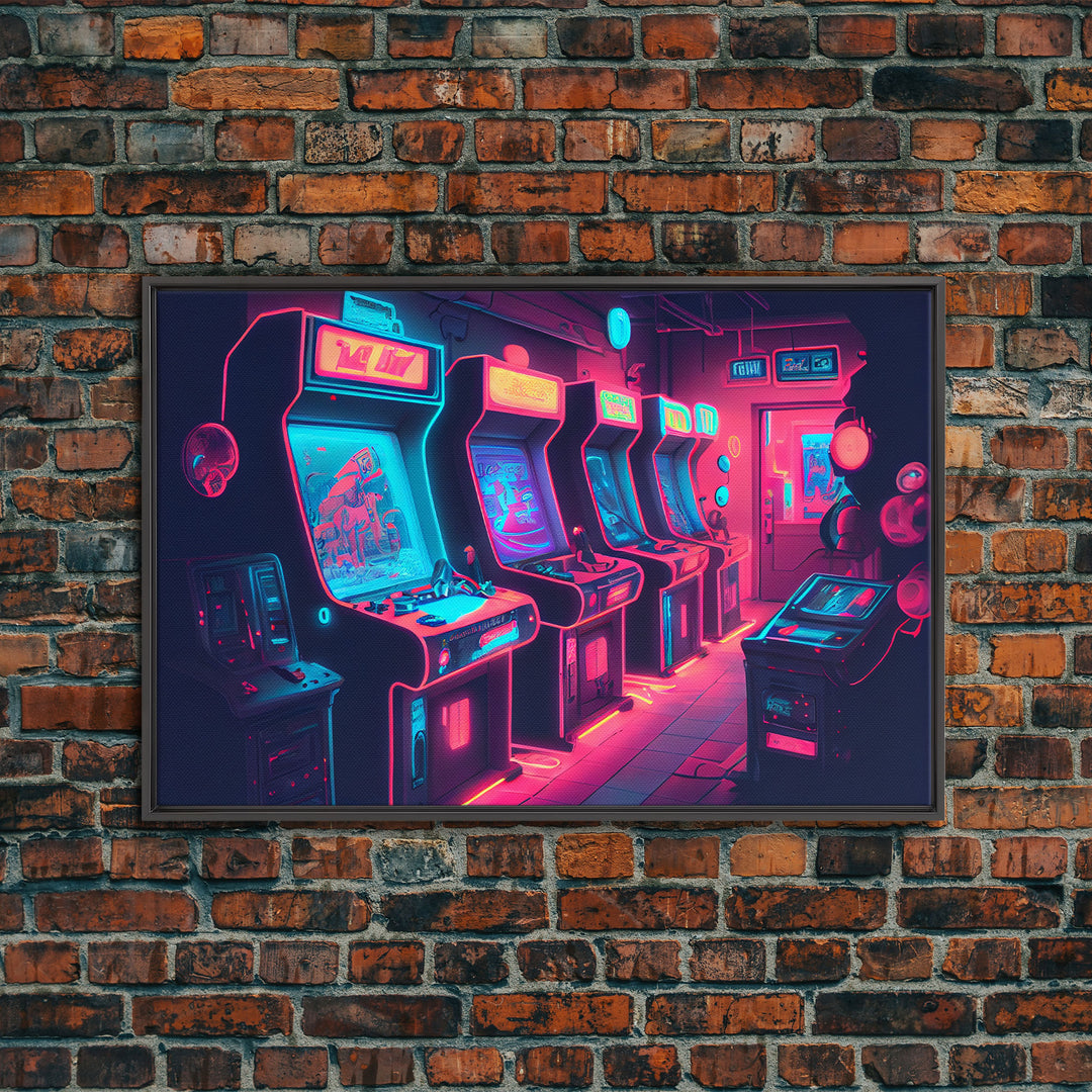 Synthwave Game Room Art, Neon retro 90s arcade room wall art, framed canvas print