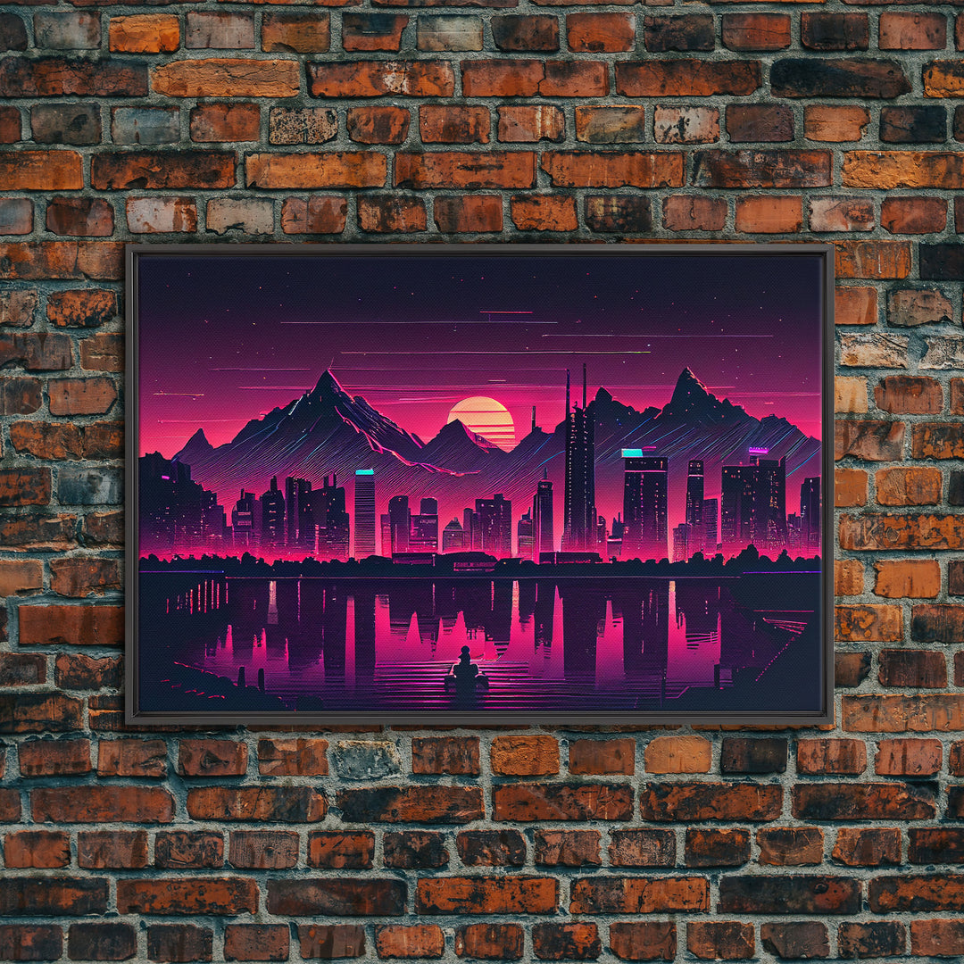 Cyberpunk Vancouver, Futuristic city skyline art, framed canvas print