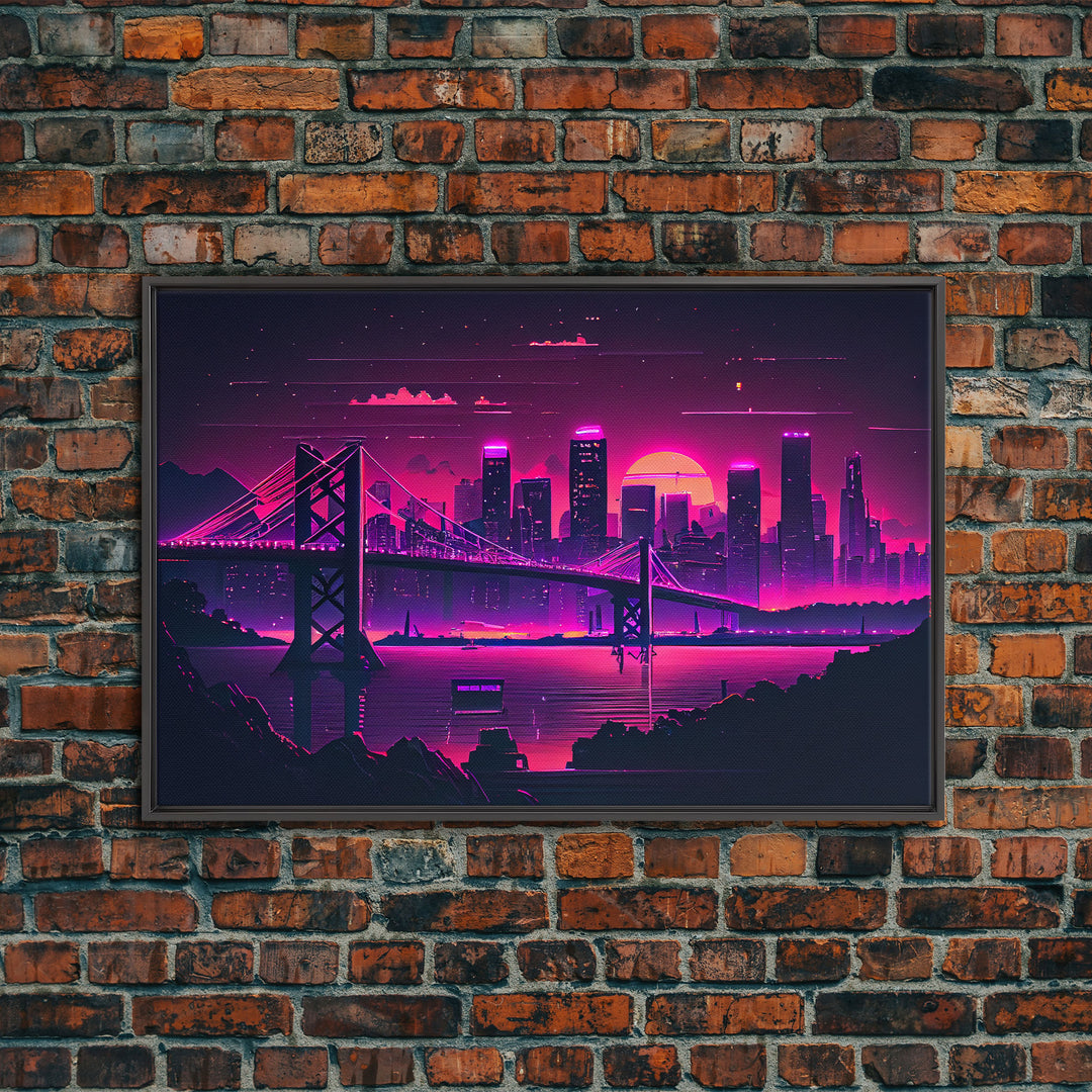 Cyberpunk San Francisco, Futuristic city skyline art, framed canvas print,  Synthwave / vaporwave cityscape decor