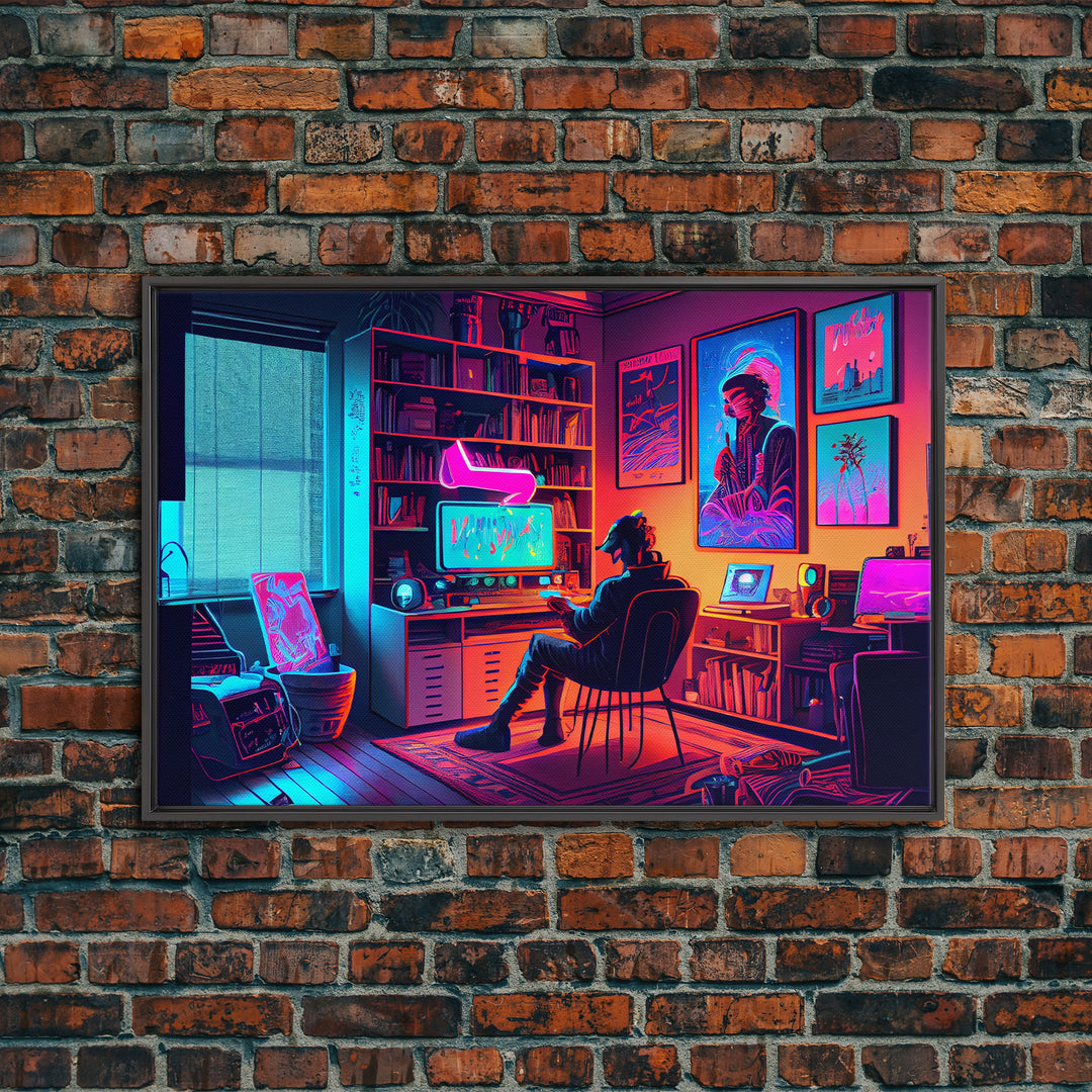 Jacked In - VR headset art, synthwave framed canvas print, cool office art