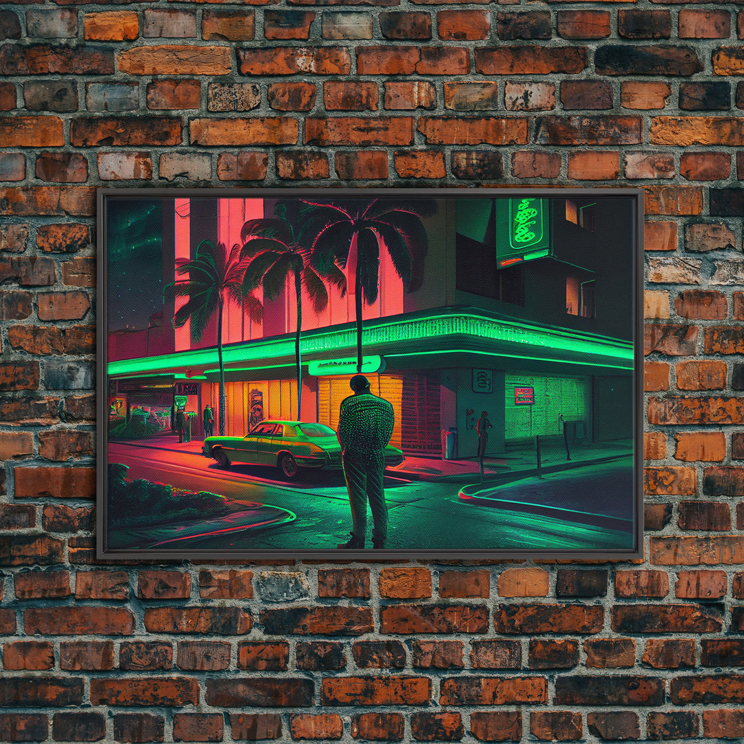 Miami Vice Retro Neon Lights Street Classic Car Wall Art Print, Wall Poster, Fine Art Print, Wall Decor