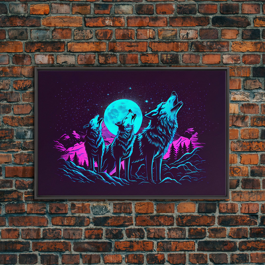 Howl at the moon - turquoise wolf pack howling at the moon, framed canvas print, vaporwave art