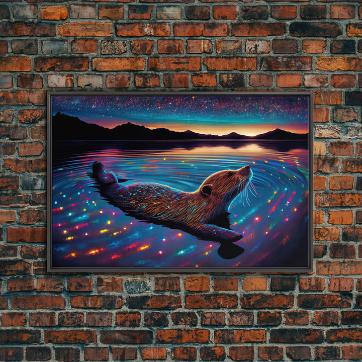 Cute beaver swimming at midnight, vaporwave aesthetic animal print art, starry night beaver, framed canvas print