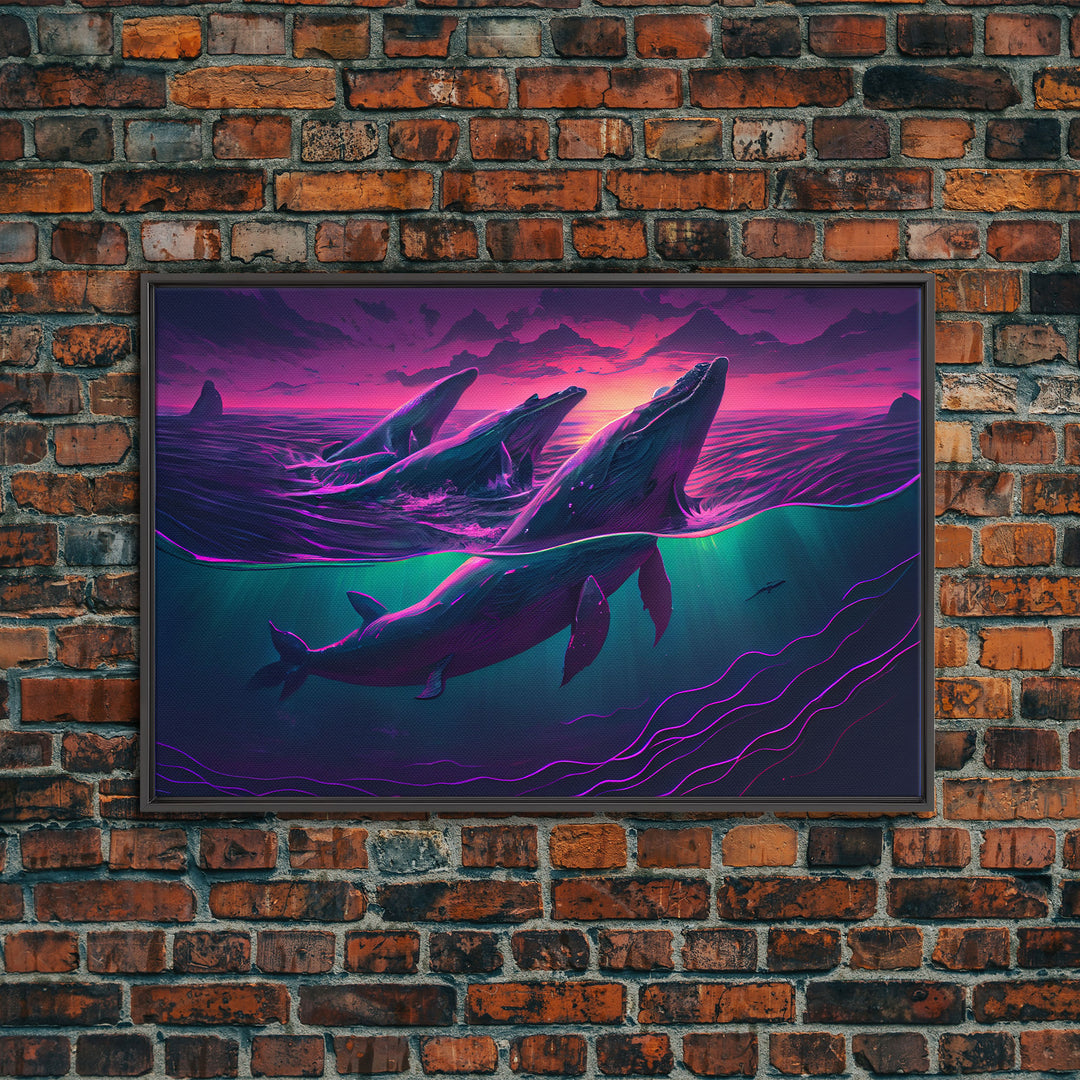 3 Blue Whales Breaching at Sunset, vaporwave synthwave ocean art, framed canvas print