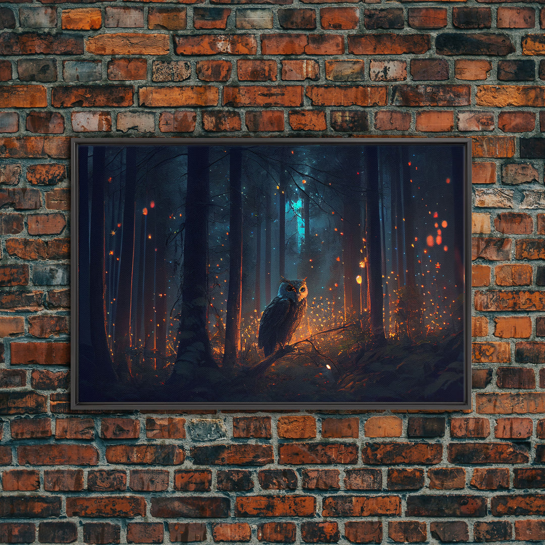 Fantasy forest art, Fireflies and the owl at midnight, framed canvas art, framed canvas print