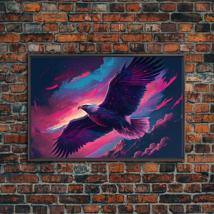 Bald eagle in flight, vaporwave aesthetic art, eagle against a pastel sunset sky, framed canvas art, framed print