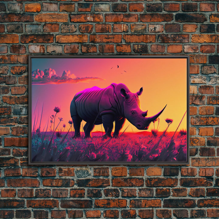 Rhino art, Pastel Rhinoceros at sunset, synthwave aniimal art, framed canvas art