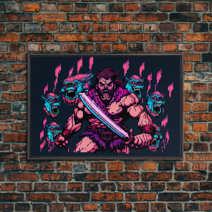 Barbarian pixel art, vaporwave RPG concept art, framed canvas print