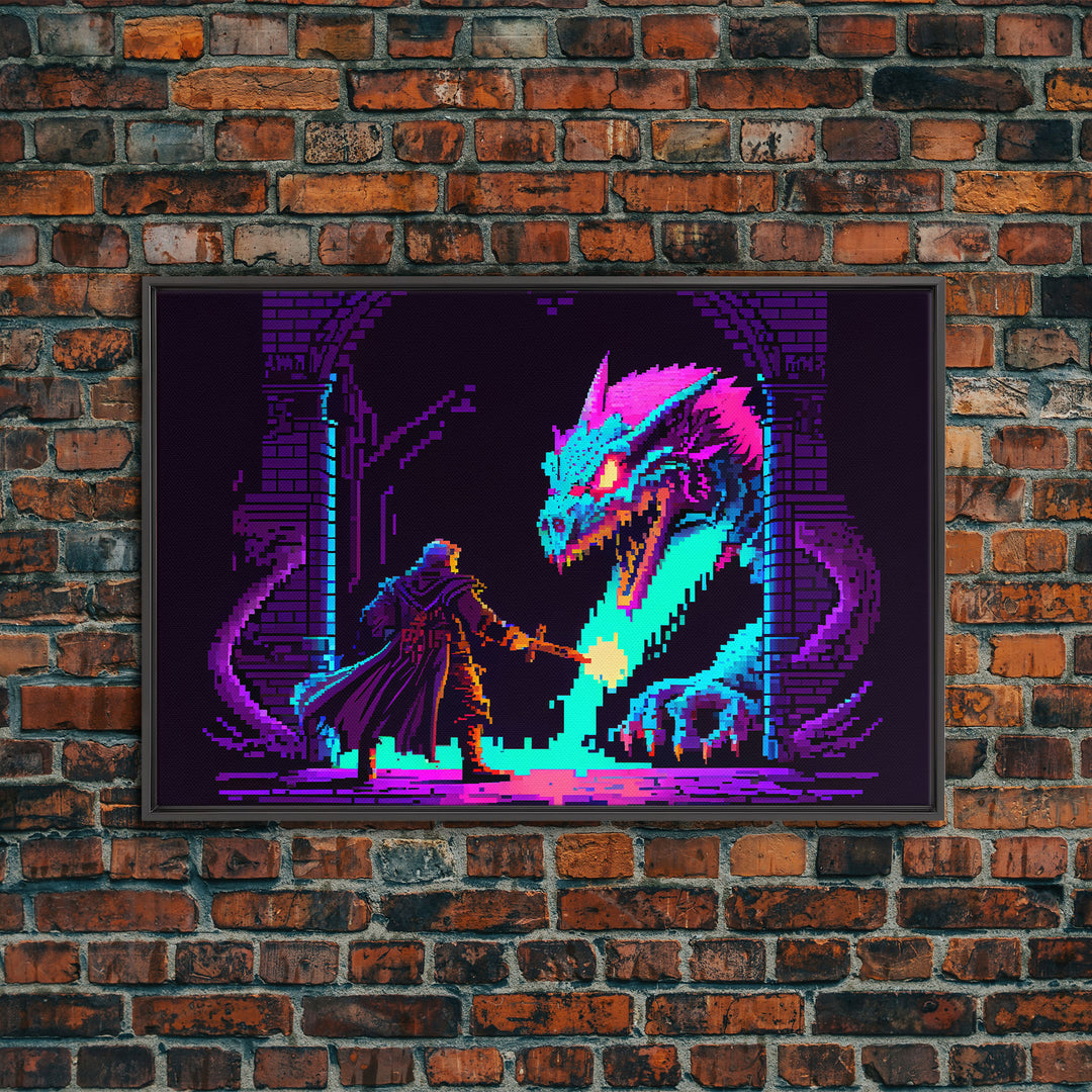 Wizard VS Hydra, RPG pixel art, vaporwave aesthetic video game pixel art, framed canvas print