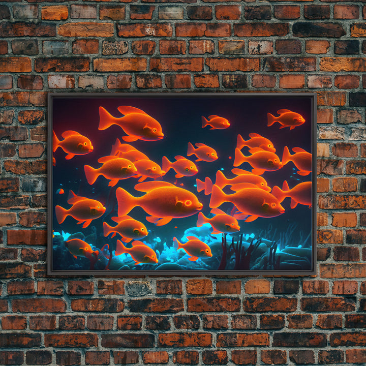 Gold fish art, Aquarium canvas print, framed ocean wall art, school of koi