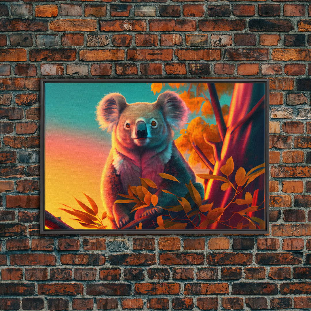 Cute Koala bear at sunset, vaporwave animal art, framed canvas print, framed wall art, ready to hang