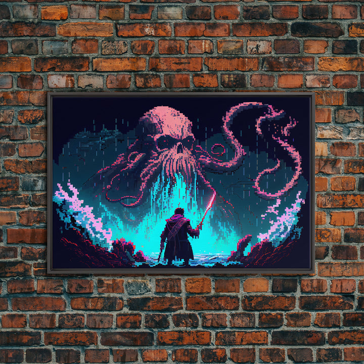 Warrior Vs Cthulhu, RPG concept pixel art, framed canvas print, outrun video game art