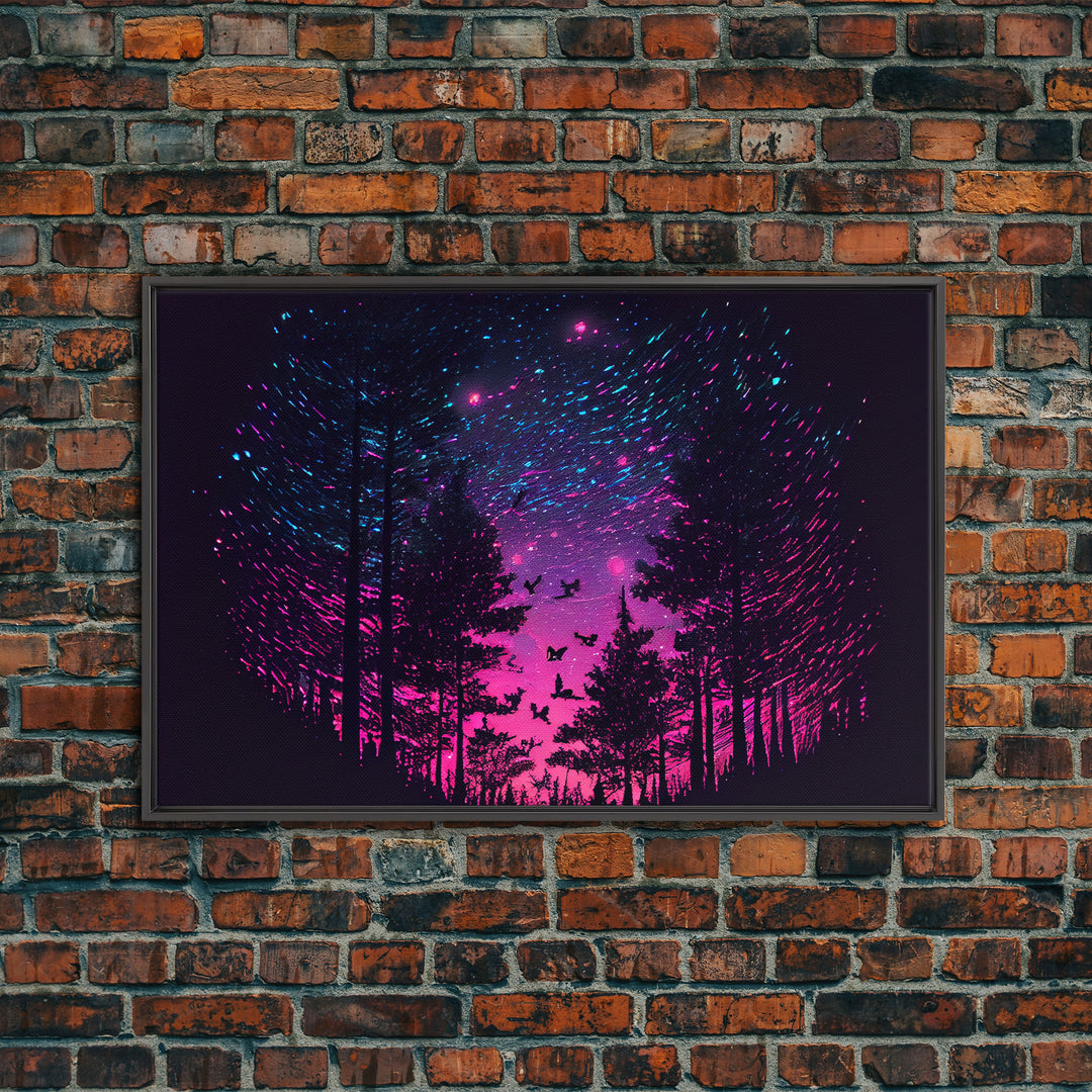 Synthwave Starry Night Time Lapse in a pine tree forest, framed canvas print, timelapse art