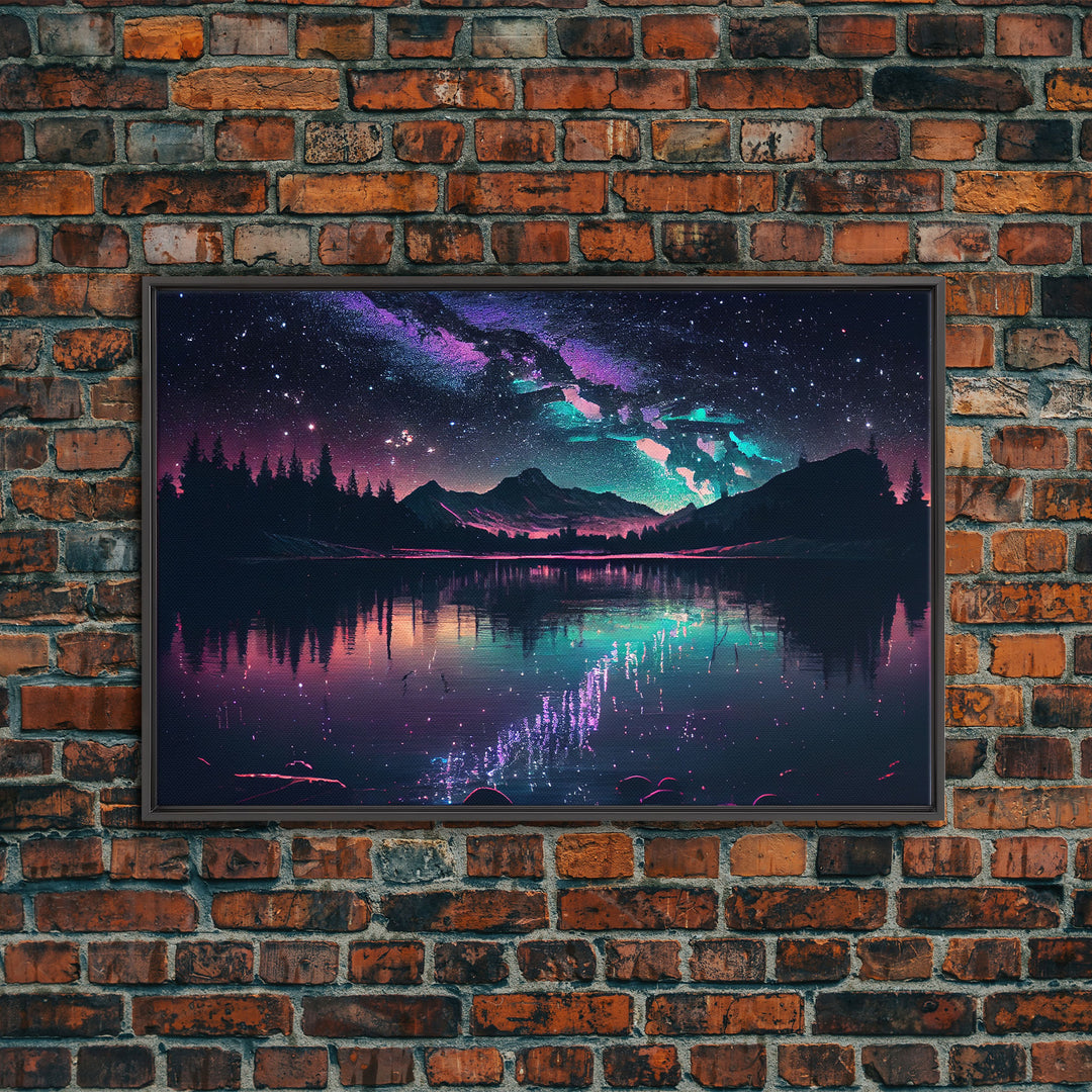 Vaporwave starry night over an Alaskan lake, Aurora borealis, framed canvas print, pastel nature art