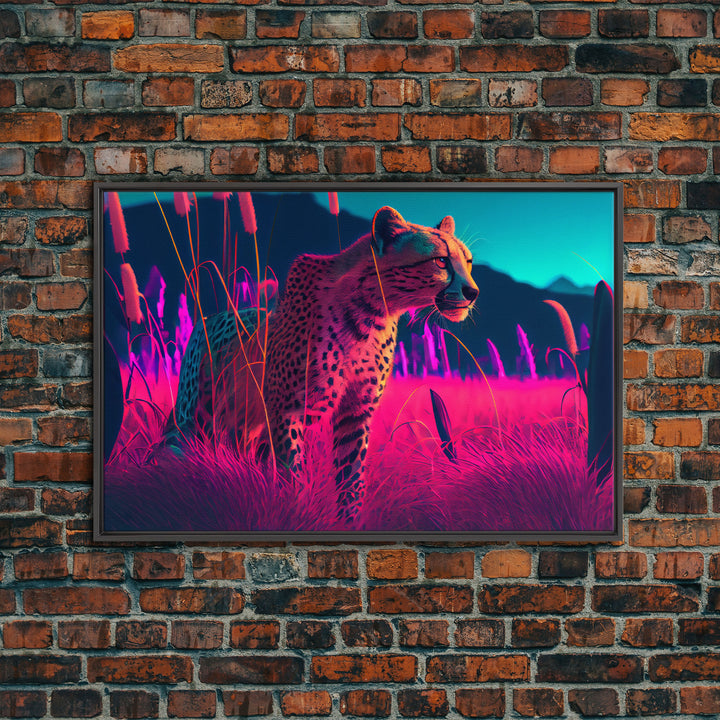 Cheetah on the hunt, vaporwave art, sunset hunter, framed canvas print, framed wall art