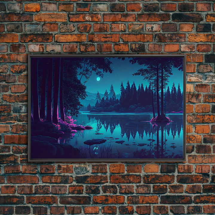 Vaporwave Full moon over the lake at midnight, framed canvas print, subdued art, watercolor painting print