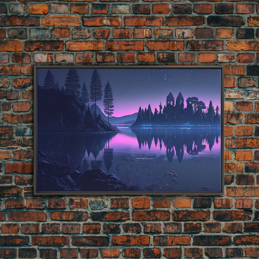 Reflections on the lake at midnight, framed canvas print, vaporwave aesthetic, purple sky