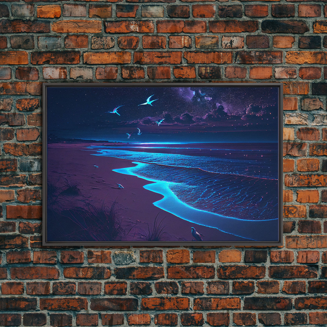 Vaporwave Starry night over a calm beach, watercolor, framed canvas print, synthwave wall art aesthetic