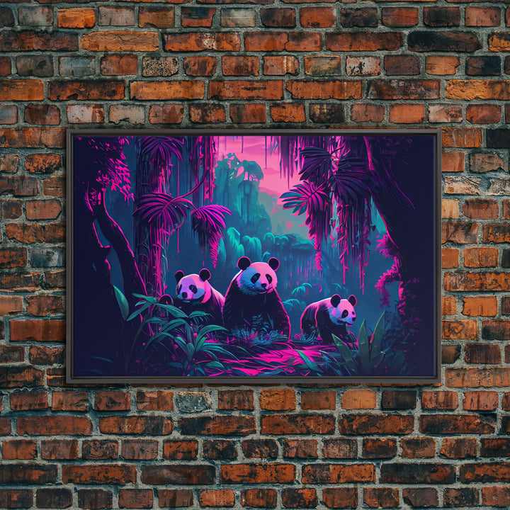 Cute pandas, jungle, framed canvas print, framed wall art, synthwave animal art