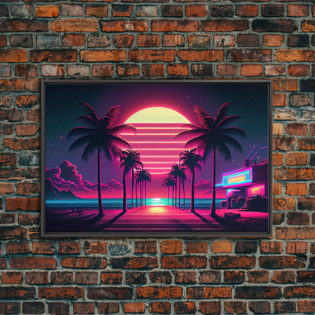 The Neon Boardwalk, Florida Synthwave Sunset, framed canvas print, retro style Miami vibes art