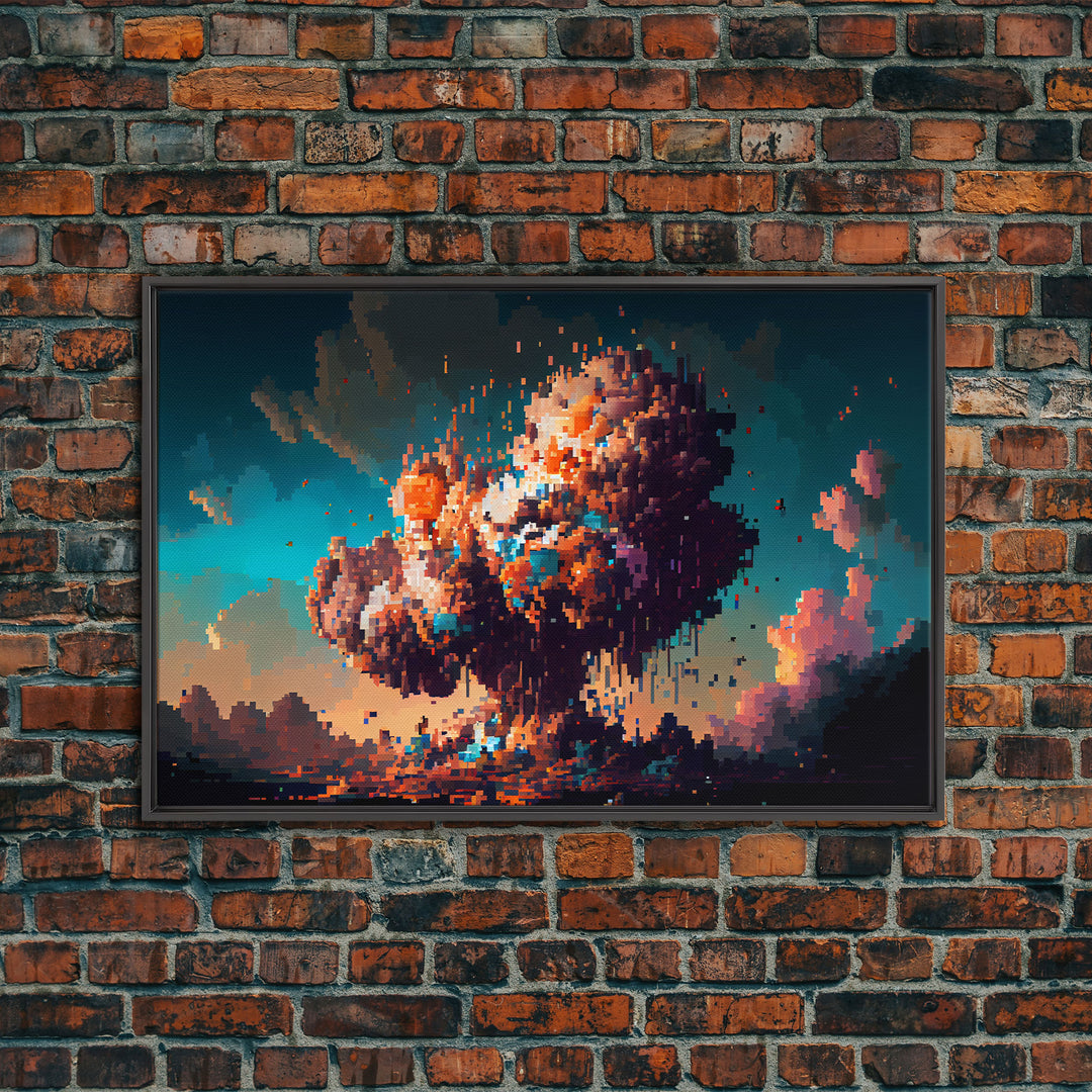 Pixel art atomic bomb, framed canvas print, pixel art explosion