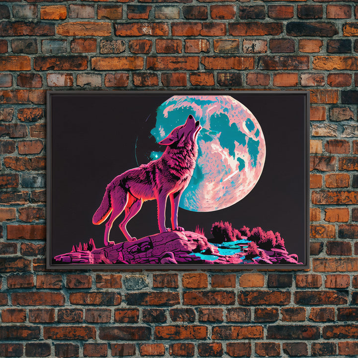 Howl at the moon, wolf art, framed canvas print, synthwave / vaporwave art