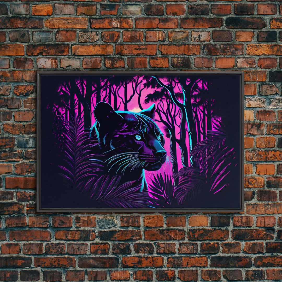 Vaporwave art,  framed canvas print, Jungle Panther synthwave portrait