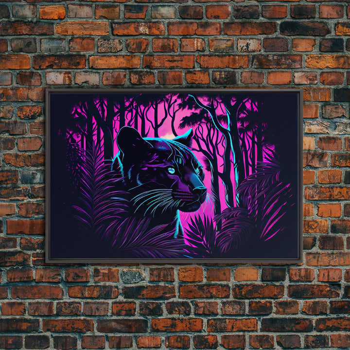 Vaporwave art,  framed canvas print, Jungle Panther synthwave portrait