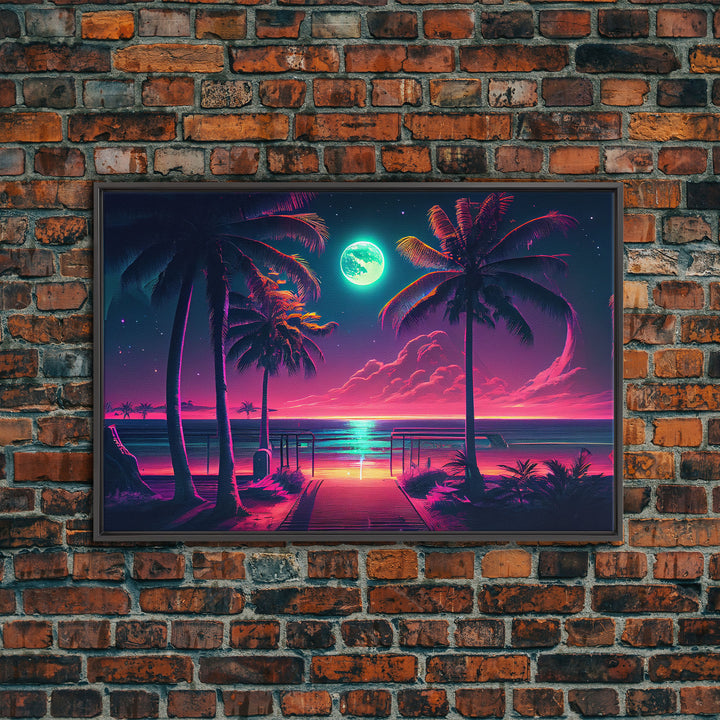 Outrun style full moon lit beach, framed canvas print, synthwave palm tree & beach art