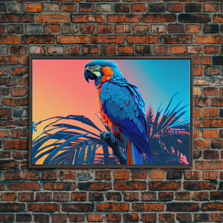 Birds of Paradise, Tropical Blue Parrot, Framed canvas print, beautiful wall art for vacation home