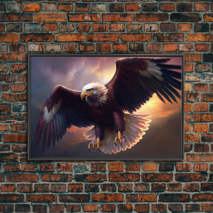 American Bald Eagle in Flight, watercolor, framed canvas print