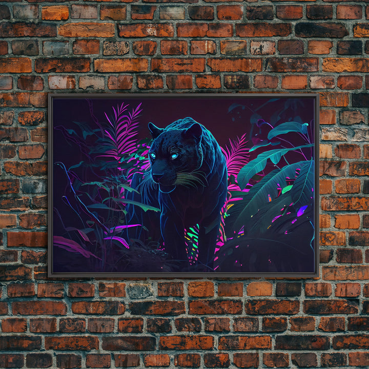 Black panther on the hunt in the jungle, glowing blue eyes, synth wave aesthetic art, framed canvas print