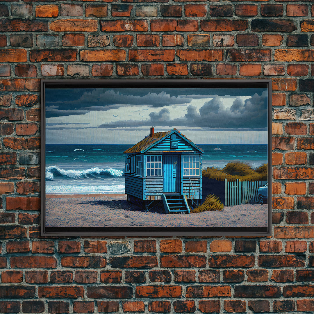 Sea side shack pixel art, New England style beach art, framed canvas print, beautiful lake house art