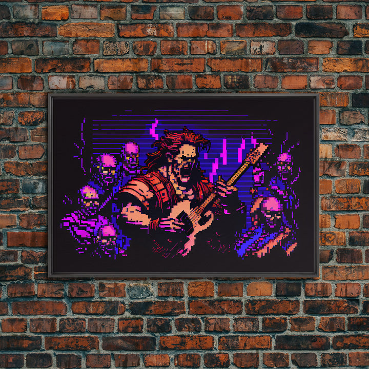 Human bard pixel art, vaporwave RPG concept art, framed canvas print, synthwave tabletop art