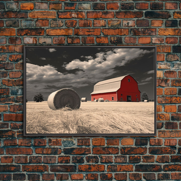 Wide Open Spaces, Red Barn Under A Storm Canvas Print, Rustic / Minimalist Cottagecore Wall Art, Framed Canvas Print, Hay Bale Art, Liminal
