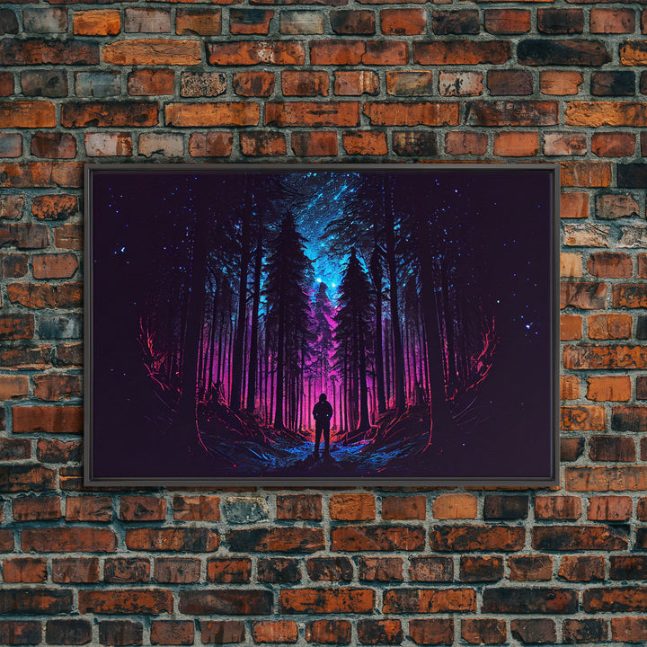 Contemplating the stars, vaporwave aesthetic, forest art, starry night, framed canvas print, outrun art