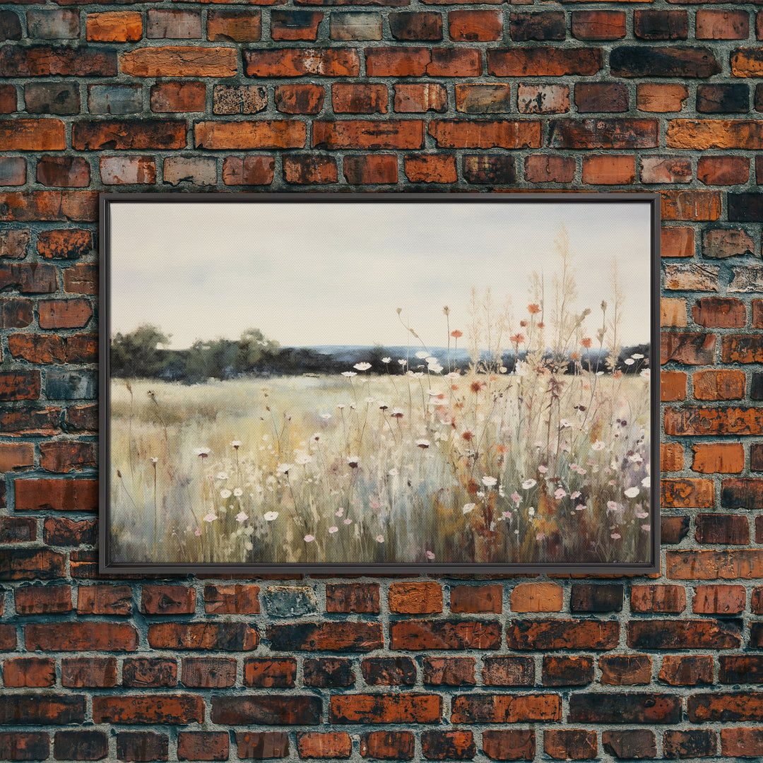 Wildflower Fields Landscape Oil Painting Print Large Wall Art Print, Framed Canvas Nature Wall Decor, Rustic Living Room Country Landscape