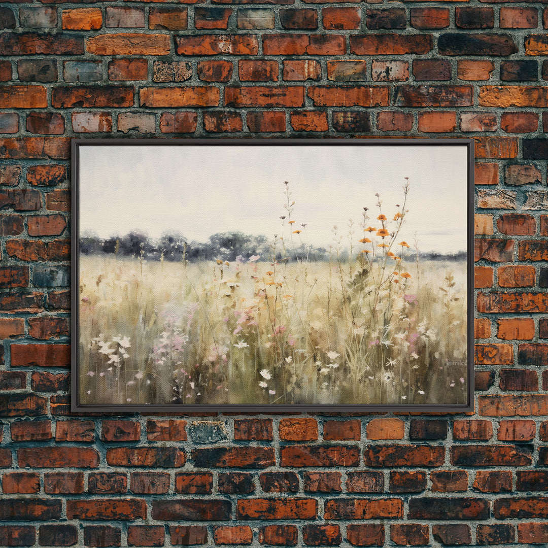 Rustic Country Wildflower Landscape Oil Painting Canvas Print Reproduction, Framed Wall Art, Rustic Farmhouse Decor, Gift For Her