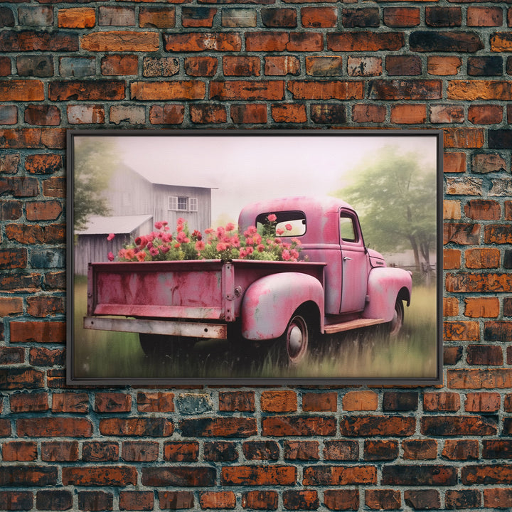 Old Pink Truck Used As a Flower Bed, Framed Canvas Print Or Poster, Rustic Farmhouse Decor, Primitive Art, Country Home Art