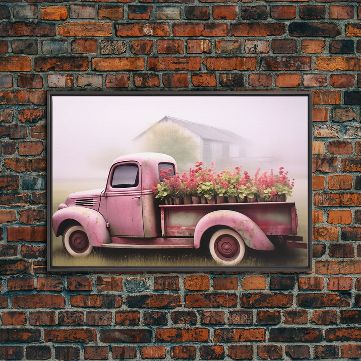 Framed Picture of old truck with beautiful flowers in bed of truck, farmhouse living, old barn, farmhouse distressed, framed canvas print