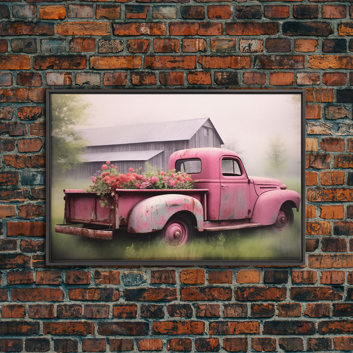 Framed Picture of old truck with beautiful flowers in bed of truck, farmhouse living, old barn, farmhouse distressed, framed canvas print