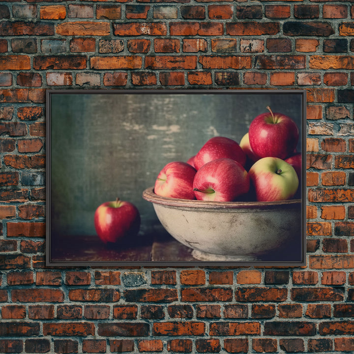 Primitive Kitchen Art, Framed Canvas Print, Still Life of Apples In A Rustic Bowl, Photography Print, Kitchen Decor, Country Kitchen