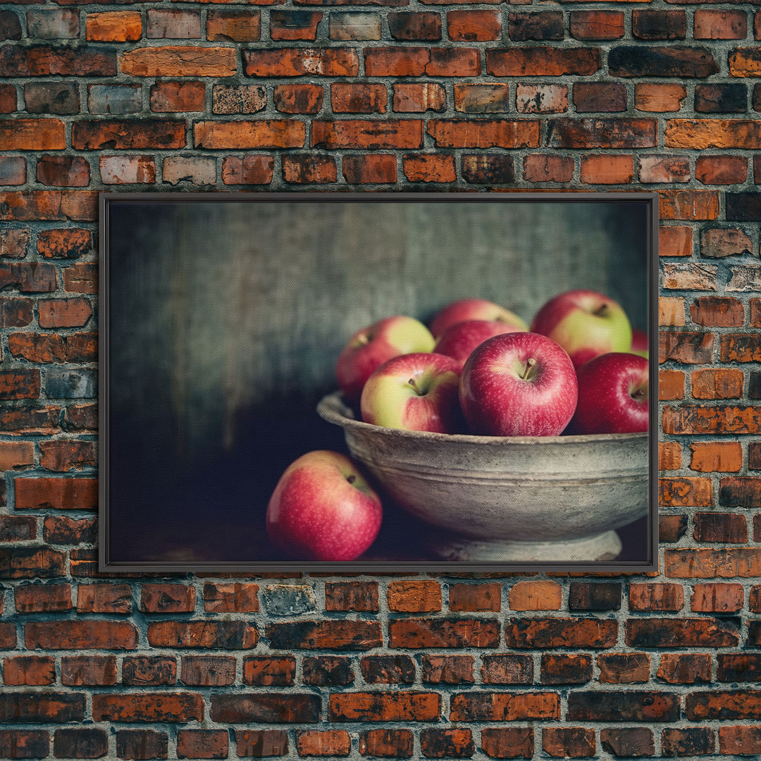 Farmhouse Kitchen Art, Framed Canvas Print, Still Life of Apples In A Rustic Bowl, Photography Print, Kitchen Decor, Rustic Country Kitchen