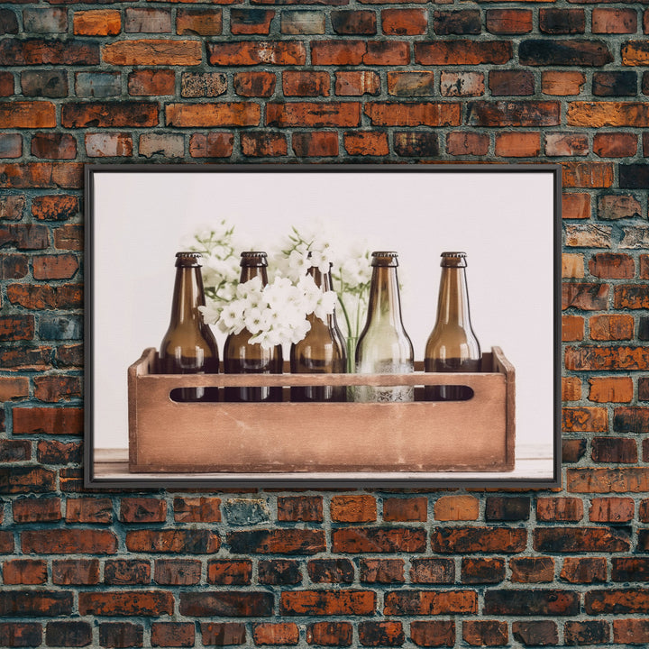 Primitive Kitchen Wall Art, Framed Canvas Print, Antique Bottles With White Flowers In A Wooden Crate, Still Life Kitchen Decor, Minimalist