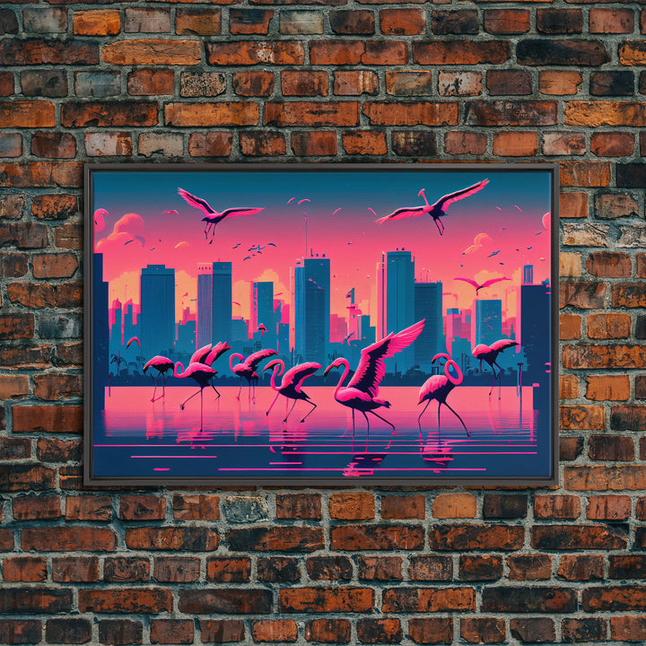 Pink Flamingos, Vaporwave aesthetic style art, framed canvas print, framed wall art