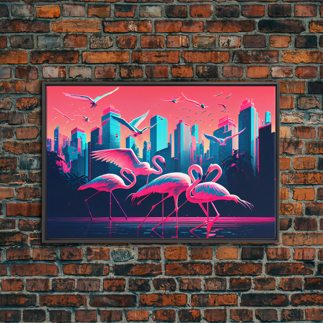 Pink Flamingos, Vaporwave aesthetic style art, framed canvas print, framed wall art