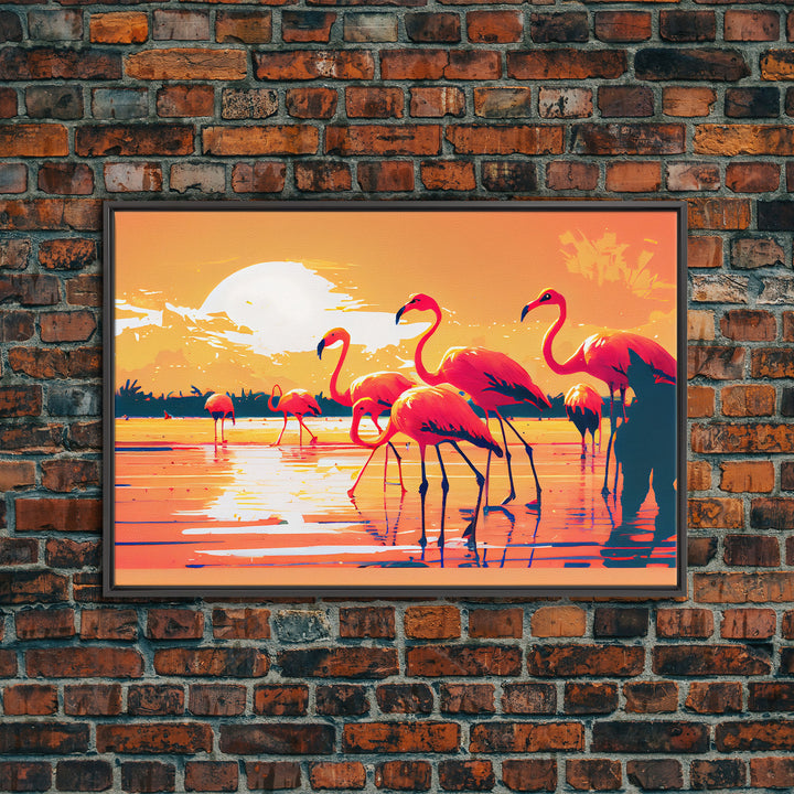 Pink Flamingos at Sunset, framed canvas print, vaporwave vibes art